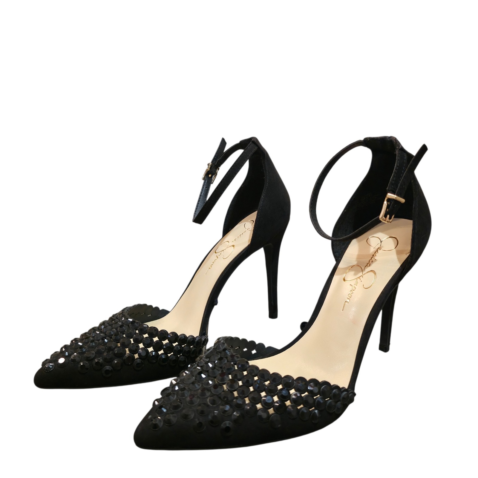 Jessica Simpson Black Rhinestone Ankle Strap D'orsay Pumps Stiletto Heels 10m